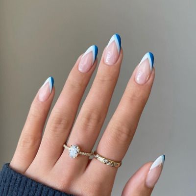 French Blue Tips Long Oval Artificial Nail Tips Press On Nails .