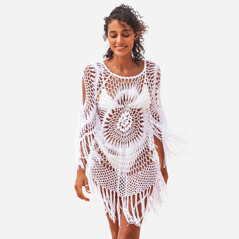 Women's Crochet With Fringe Trim Cover Up Above Knee Length .