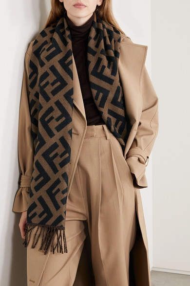 Fendi Fringed Logo-jacquard Cashmere Scarf - Brown | Fendi scarf .