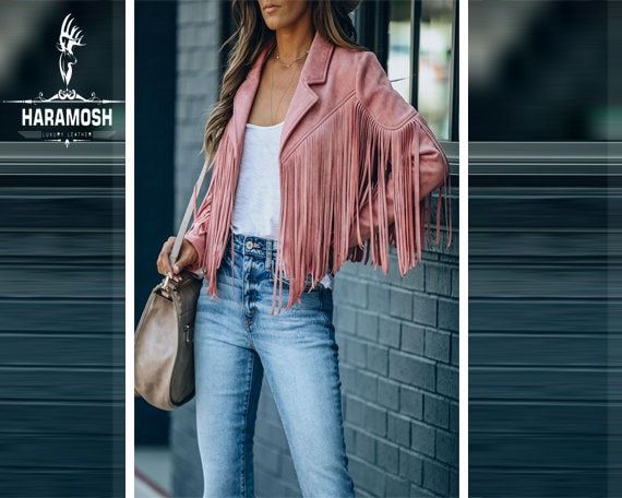 Women Cropped Fringe Suede Leather Jacket Pink Color Fringe - Etsy .