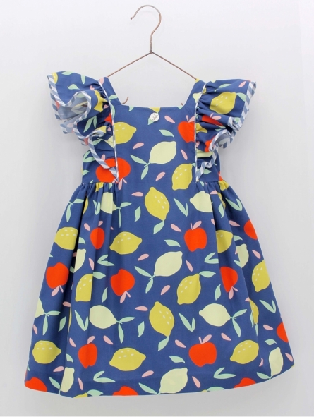 Girl's dress navy blue background with fruit pri