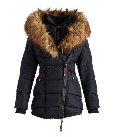 Canada Weather Gear Black & Tan Faux Fur-Collar Puffer Jacket .