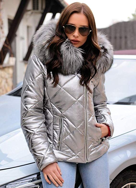Aofur Womens Ladies Quilted Winter Coat Fur Collar Hooded Down .