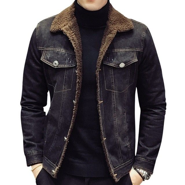 Winter Black Denim Jacket Thick Wool Coat - JP|Shop | Jackets men .