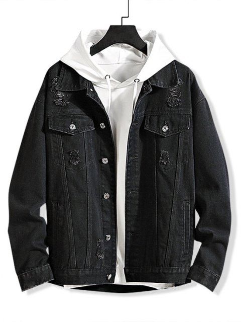 Solid Color Ripped Decorated Denim Jacket BLACK DEEP BLUE .
