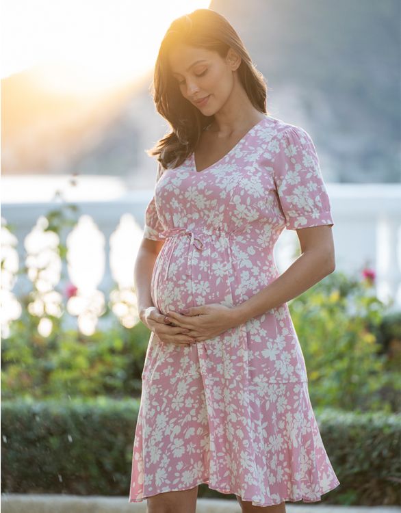 Pink Floral Drawstring Maternity & Nursing Dress | Seraphi