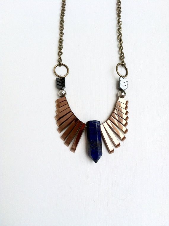 The Phoenix / Geometric Blue Lapis Copper Hematite Fringe Bib .