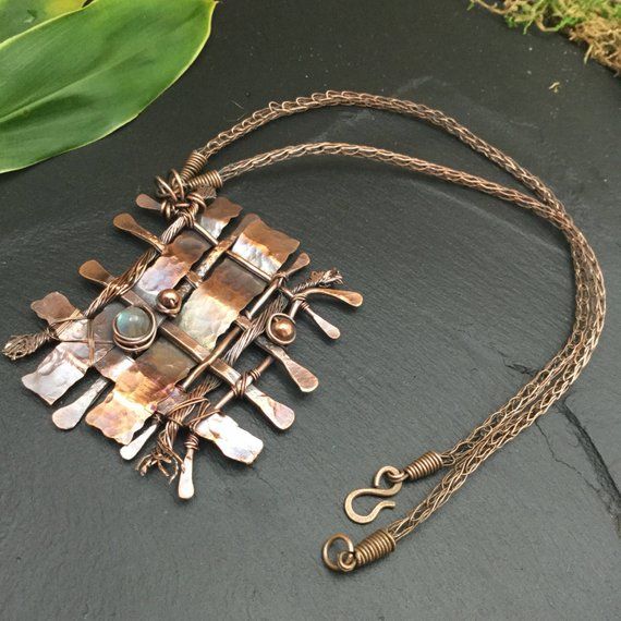 Woven Contemporary Metal Necklace Copper Geometric Pendant | Etsy .