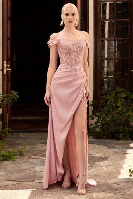 A soft feminine, sensual dress with off-shoulder floral sleeve