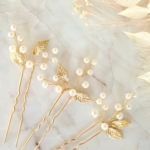 Delicate Pearl Gold Leaves Bridal Hair Pins Bridesmaid Hair - Etsy .