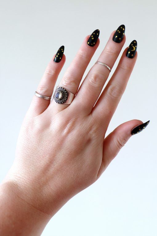 Moon and stars nail tattoos | Black gold nails, Star nails, Gold nai