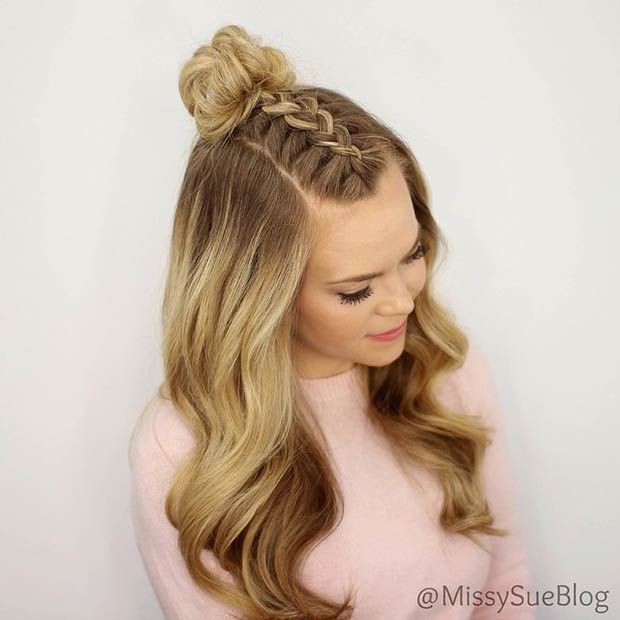 French braid into messy bun Half up half down Skill level - Easy .