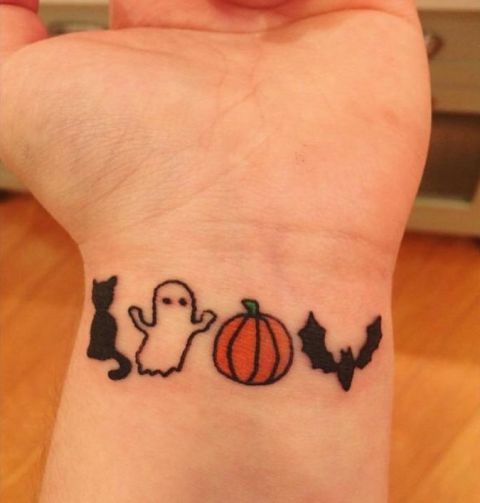 Cute tiny ghost, cat, pumpkin and bat tattoos on the wrist | Cute .