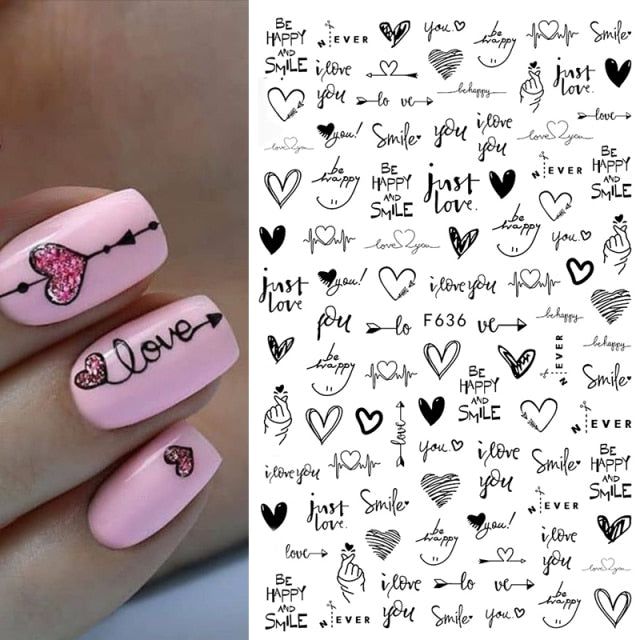3D Nail Stickers Heart Love Self-Adhesive Slider Letters Nail Art .
