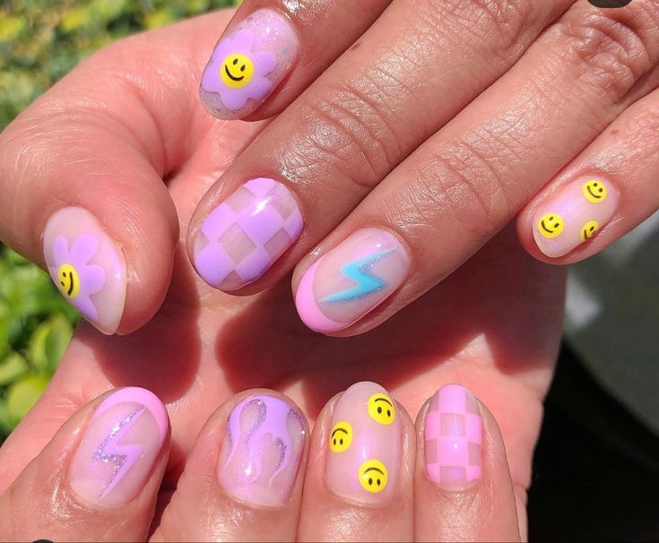 Smiley Design Nails | Checkered nails, Summery nails, Funky nai