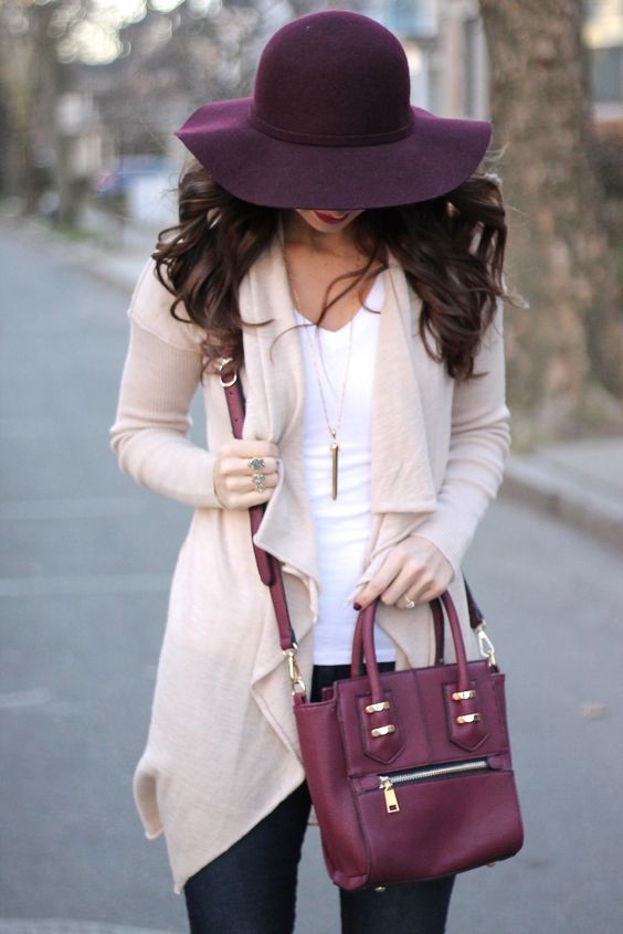 Open Waterfall Cardigan with Bordeaux Floppy Hat and Bag | Moda .