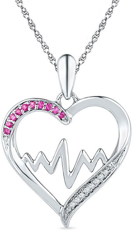 Lab-Created Pink Sapphire and Diamond Accent Heartbeat Heart .