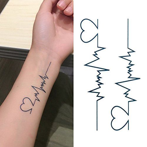 Oottati Small Cute Temporary Tattoo Heartbeat Wrist (Set of 2 .