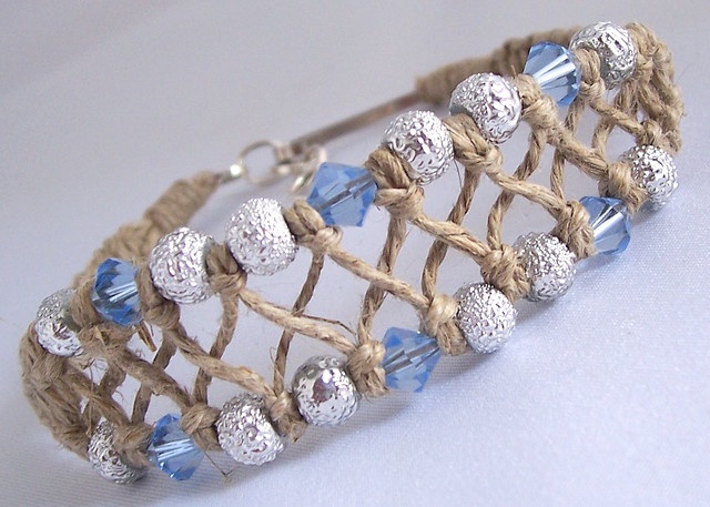 Natural Hemp Bracelet/Anklet with Light Blue Swarovski Crystals .