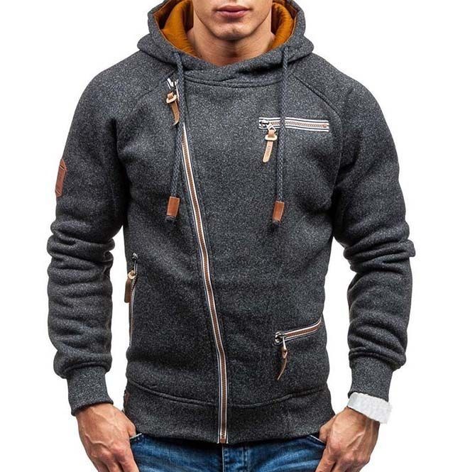 Men's Long Sleeve Pocket Design Slant Zipper Drawstring Hoodie .