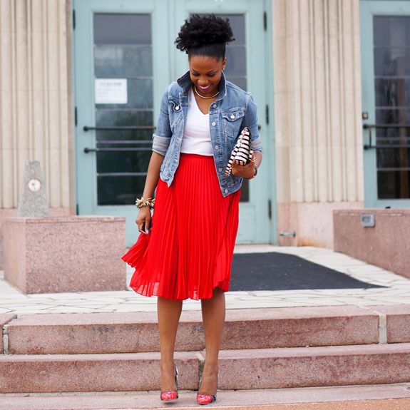 Economy of Style | Red skirt outfits, Red pleated skirt, Red skir