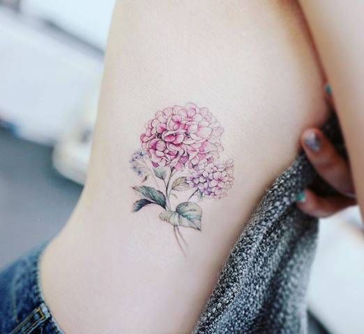 Pink hydrangea tattoo on the side | Hydrangea tattoo, Minimalist .