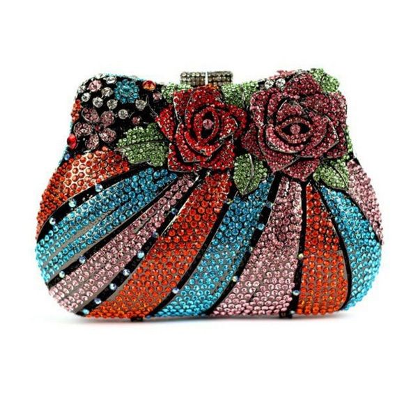 Rose Flower Shape Luxury Crystal Clutch Bags Bling Rhinestone .