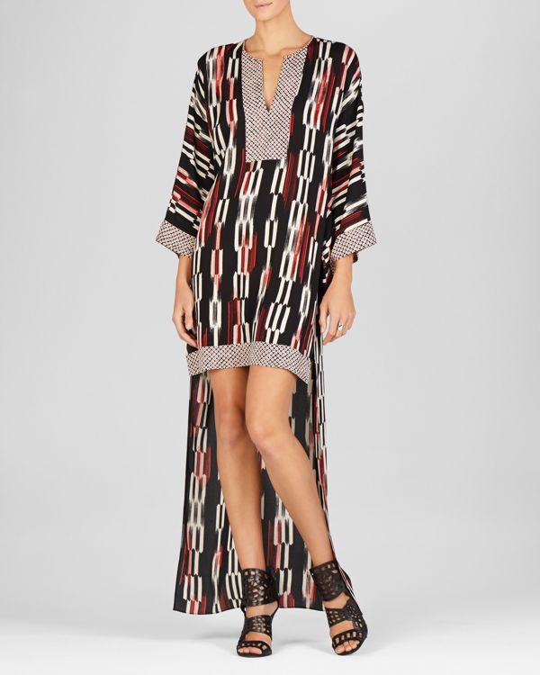 BCBGMAXAZRIA Dress - Norina Print Blocked High Low Kimono Sleeve .