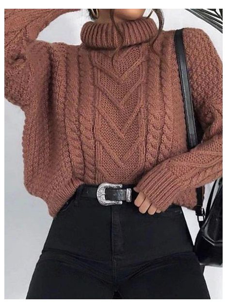 Casual Pile Collar Solid Color Twist Loose Knit Sweater #knitted .