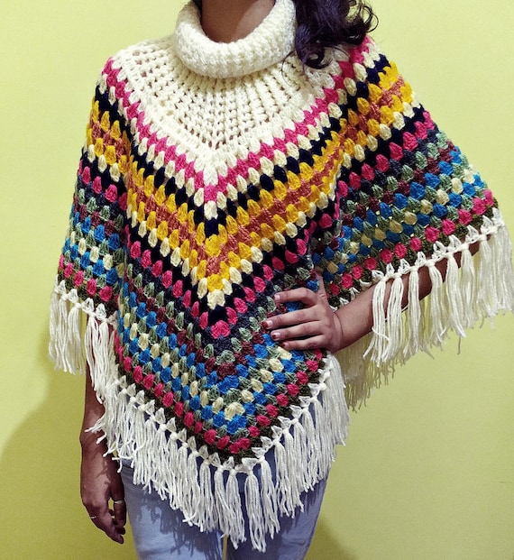 Hand Knit Turtle Neck Woolen Poncho Autumn Wear - Etsy Austral
