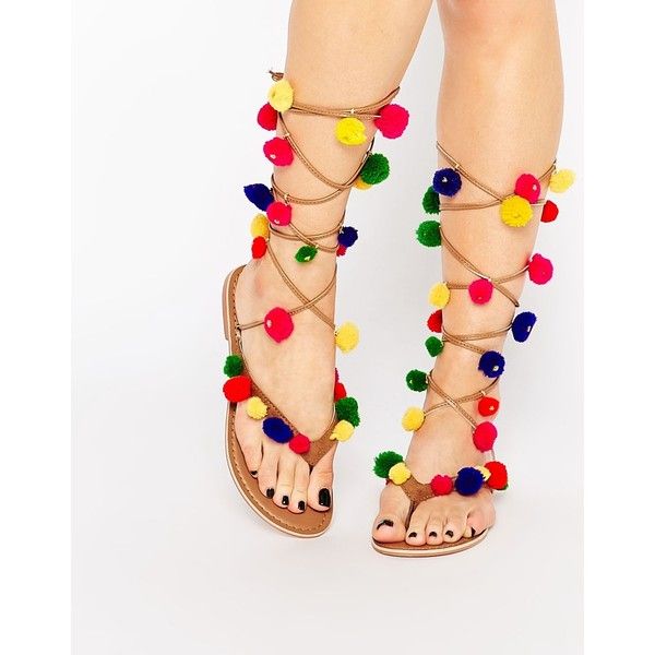 Glamorous Tan Tie Up Pom Pom Flat Sandals | Sandalias de moda .