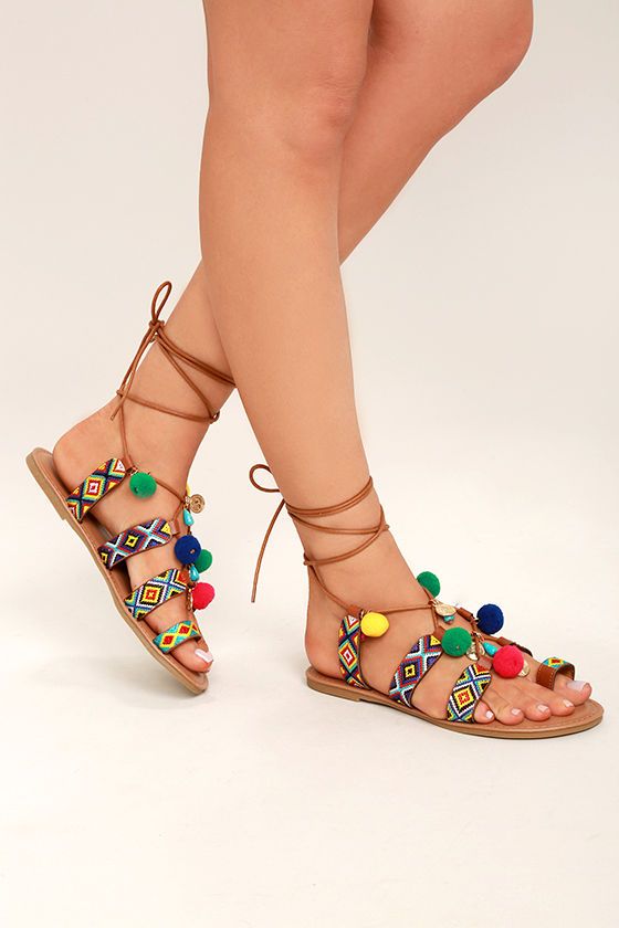 Accalia Whiskey Brown Lace-Up Pompom Sandals | Pom pom sandals .