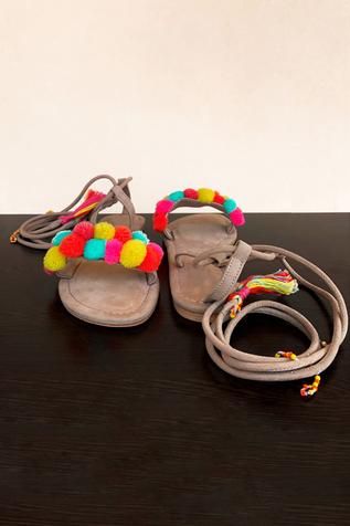 Sandalwali Lace Up Pom Pom Sandals | Multi Color, Suedette | Pom .