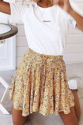 floral Frill Trim skirt front lace up floral skirt #drawstring .