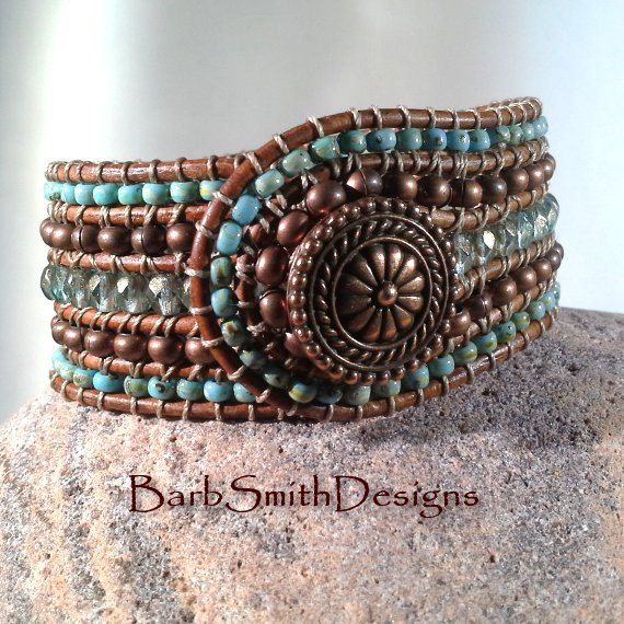 Turquoise Leather Cuff Bracelet 5-row Copper Bronze Beads | Etsy .