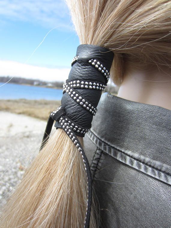 Black Leather Studded Hair Wrap Ponytail Holder Hair Jewelry .