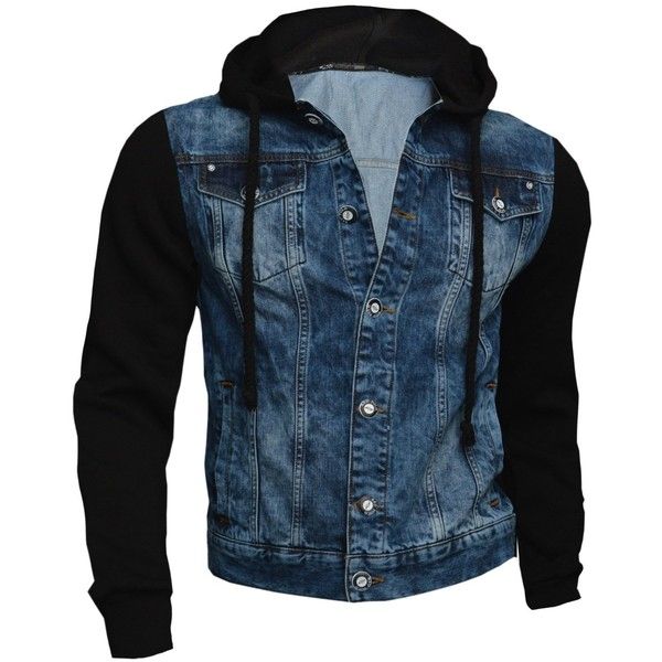 Mens Denim Jacket Biker Casual Worn Style Abrasions Hood Sleeves .