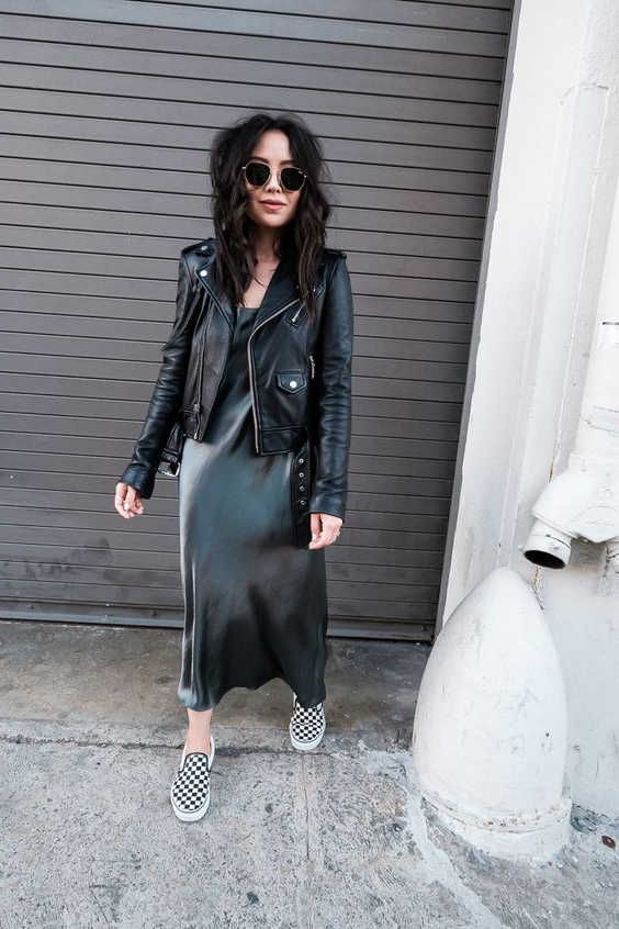 black leather jacket and cami dress | Fashion, Casual dress .