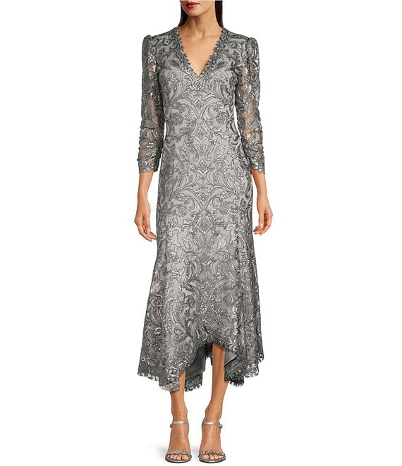 Tadashi Shoji Metallic Sequin Lace V-Neck 3/4 Sleeve Asymmetrical .