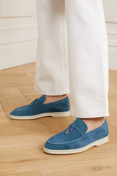 Loro Piana Summer Charms Walk Embellished Suede Loafers - Blue .