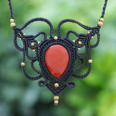 Adjustable Red Jasper and Macrame Necklace - Bohemian Elegance .