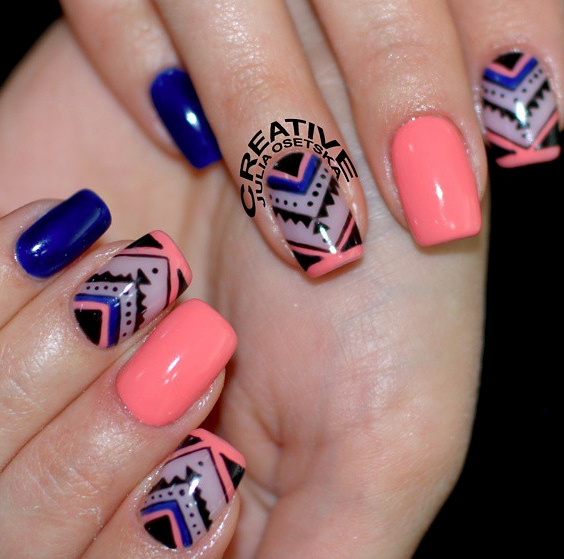 Dark Blue, Coral Peach, with Aztec Accent Nails | Aztec nails .