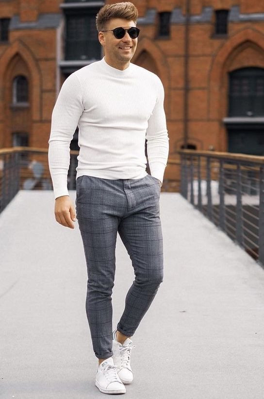 Grey Formal Trouser, Plaid Pants Fashion Wear With White Sweater .