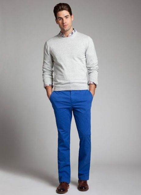 With shirt, white sweatshirt and brown leather shoes | Cobalt blue .