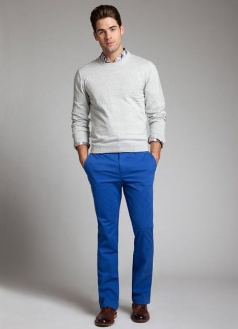 With shirt, white sweatshirt and brown leather shoes | Cobalt blue .
