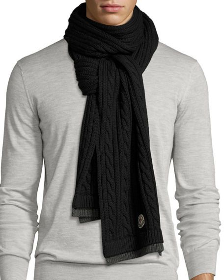 Moncler Men's Bicolor Wool Cable-knit Scarf In Black/grey .