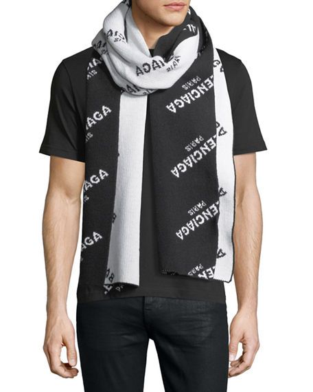 Balenciaga Knit Scarf With Repeating Logo In Black/white .