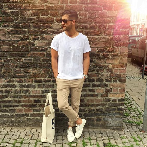 25 tan pants, a white tee and white Vans shoes - Styleoholic .