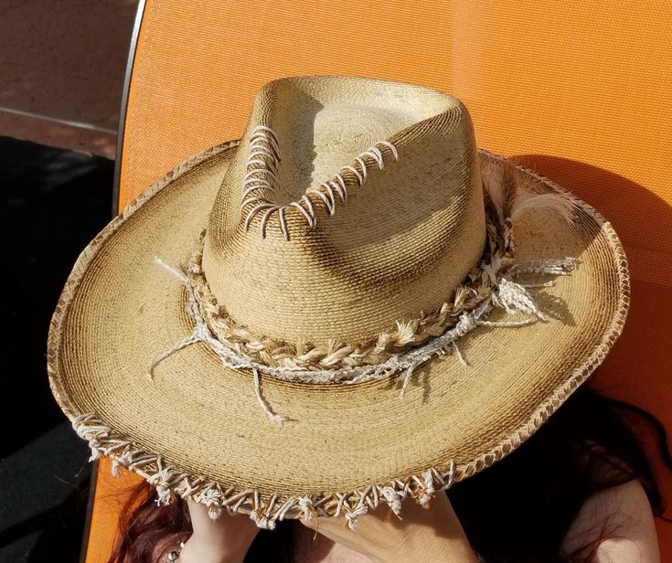 Straw hat, torched, distressed, embellished. Coachella, burning .