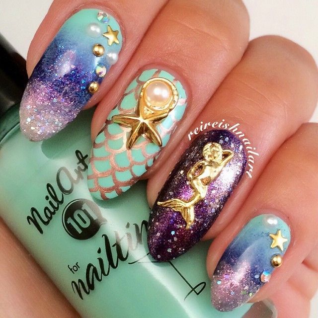 Mermaid / Gold | Mermaid nails, Nail charms, Nail a